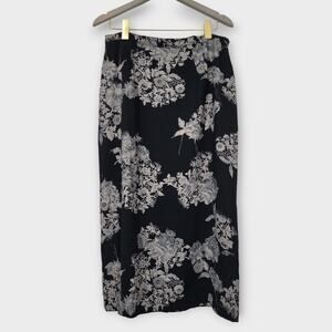 Vintage Briggs Skirt Womens XL Petite Black Floral Pencil Below Knee Tea 90s